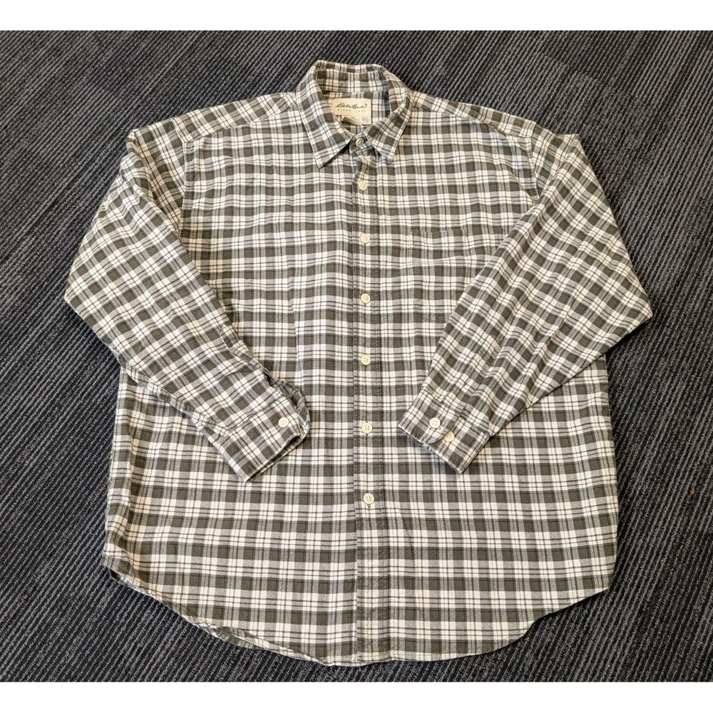 Eddie Bauer Shirt Mens Large Brown Cream Plaid Flannel Button Up Casual Outdoors